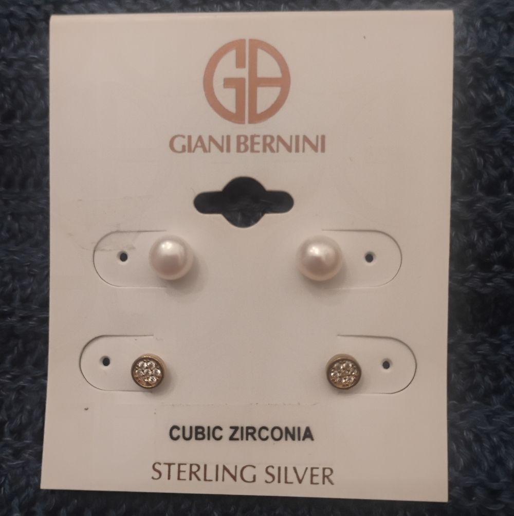 Giani Bernini Freshwater Pearl & CZ Metal Tower Stud Earrings Set NWT